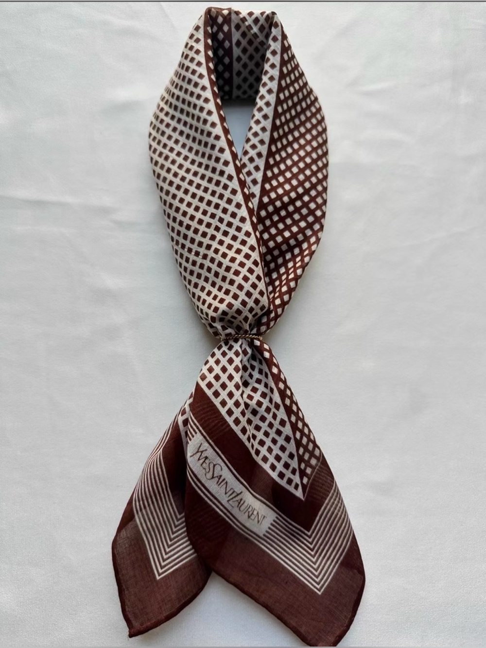 Yves Saint Laurent Brown & White Grid cotton scarf Square - Picture 2 of 5